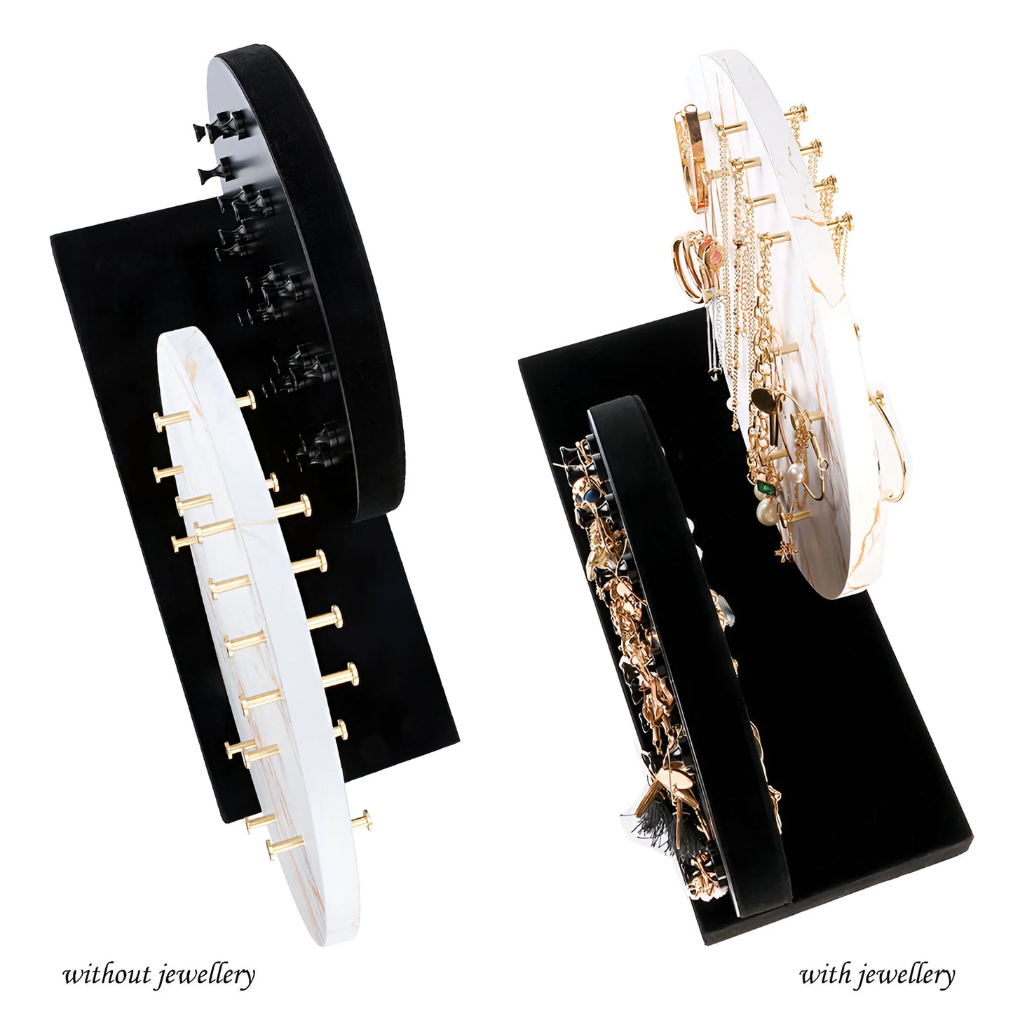 All-In-One Jewellery Organizer. Keep Your Jewelry Organized In Style. Gold-plated Necklace Holder. Magnetic Earring Stand. Velvet Ring Holder.
